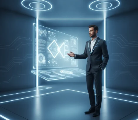 Sleek futuristic tech aesthetic, confident and innovative mood,