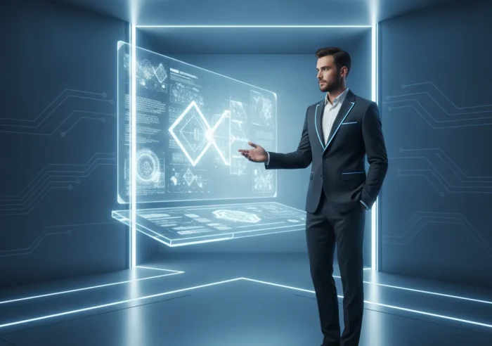 Sleek futuristic tech aesthetic, confident and innovative mood,