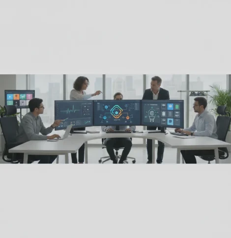 Professional real photo of a modern software team